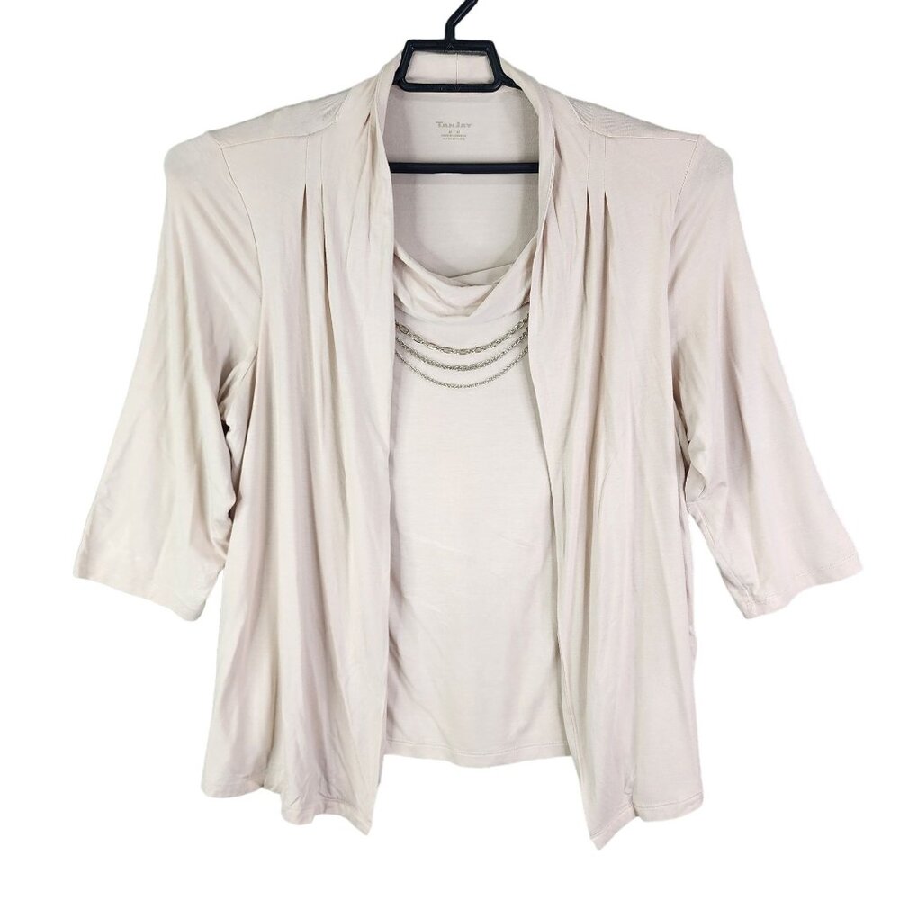 Womens Beige Tan Jay Cardigan With Layered Top & Chains 3/4 Sleeve Size M